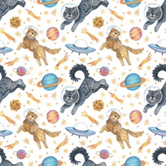 Hand-drawn seamless watercolor pattern on a transparent background. Space illustration with stars, planets, comets and astronaut dogs for design, wrapping paper, printing, etc.