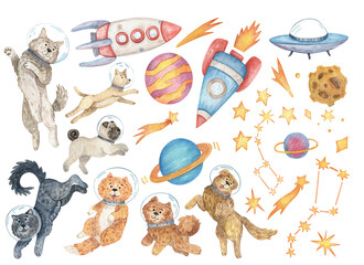 Hand drawn watercolor clipart. Set of space illustrations with stars, planets, spaceships and astronaut dogs. Art with dogs of different breeds for design, stickers, printing.