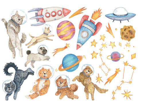 Hand drawn watercolor clipart. Set of space illustrations with stars, planets, spaceships and astronaut dogs. Art with dogs of different breeds for design, stickers, printing.