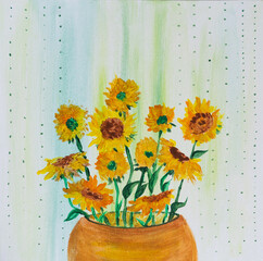 Artistic painting bouquet of sunflowers in a yellow vase. Picture contains interesting idea, evokes emotions, aesthetic pleasure. Canvas stretched, cardboard, oil natural paints. Concept art texture - 556310209