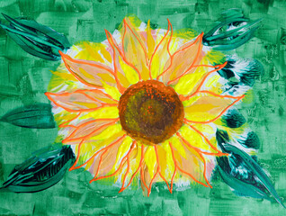 Artistic painting of sun flower, bright positive energy. Picture contains interesting idea, evokes emotions, aesthetic pleasure. Canvas stretched, cardboard, oil natural paints. Concept art texture