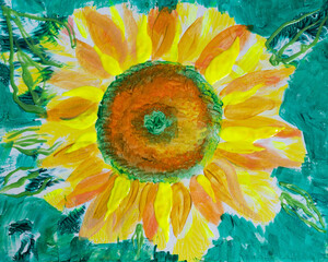 Drawing of bright sunflower, big green field. Picture contains interesting idea, evokes emotions, aesthetic pleasure. Canvas stretched on a stretcher, oil natural paints. Concept art painting texture - 556310225