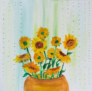 Artistic painting bouquet of sunflowers in a yellow vase. Picture contains interesting idea, evokes emotions, aesthetic pleasure. Canvas stretched, cardboard, oil natural paints. Concept art texture