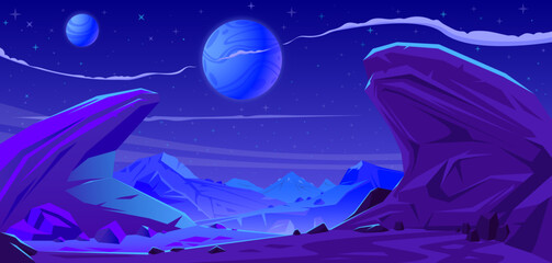 Hand drawn vector landscape of a fantastic red planet at night. © DaKoArt