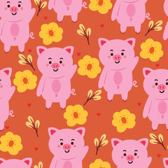seamless pattern cartoon pig and flower. cute animal wallpaper for textile gift wrap paper