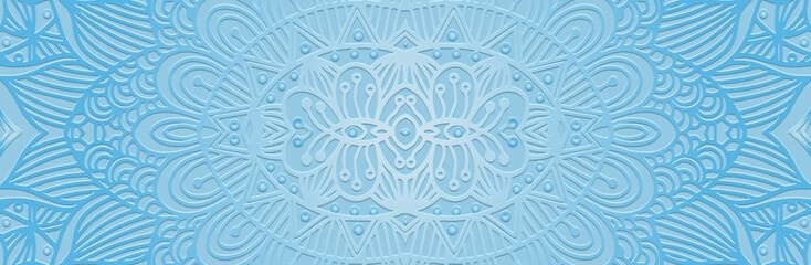 Banner, cover design. Embossed geometric 3d pattern on a blue shiny background, paper press, art deco. Tribal ethnic motifs, vintage ornaments, elegant texture in boho style.