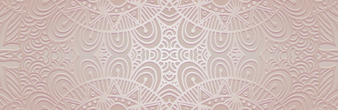 Banner, cover design. Embossed geometric 3d pattern on a light shiny background, paper press, art deco. Tribal ethnic motifs, vintage ornaments, unique texture in boho style.