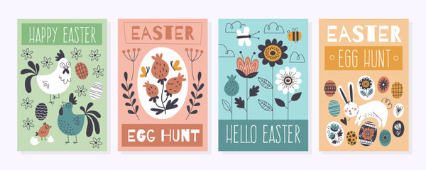Funny easter congratulations cards. Happy spring holiday posters collection, cute bunnies and chickens, hand drawn flowers and decorative leaves, eggs hunt, tidy vector cartoon flat set © YummyBuum