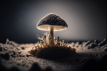 close up of a psilocybin mushroom on a piece of dirt , magic mushroom  - obrazy, fototapety, plakaty