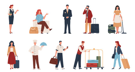 Hotel visitors and staff. Travelers, guests with luggage, pending placements people, professional maid, receptionist, security guard, cartoon flat isolated characters, nowaday vector set - obrazy, fototapety, plakaty