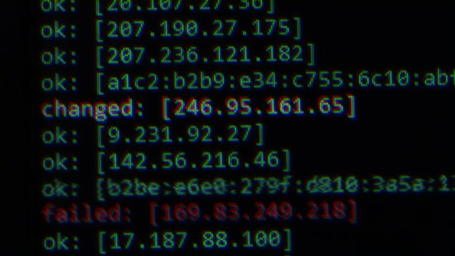 Code on screen, close-up details of coding log tracing activity with glitch and digital artifact. Concept for technology background and coding activity for developer programmer and tech expert