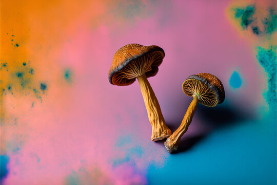 Two dried psilocybin mushrooms on a rainbow-coloured background. 
