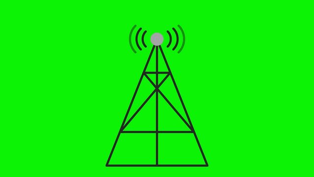 Radio tower transmission waves animation on green background. Radio waves signal with network tower animation. 4K motion graphic.