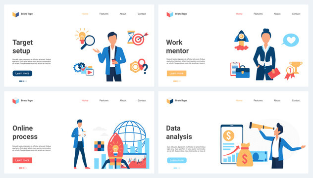 Online data analysis process, business target setting set vector illustration. Cartoon tiny people work with mentor leader to launch rocket and boost project, research financial charts with telescope