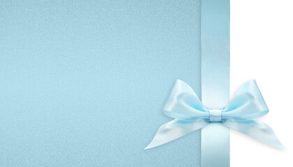 light blue bright ribbon bow isolated on glitter background, top view, copy space for gift greeting card, Merry Christmas and happy Easter or mother and father day banner or shopping advertising