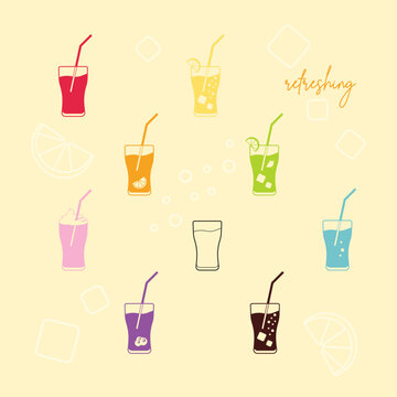 Colorful cool drinks in glass cups icons set in 80-90th style. Bar menu symbols
