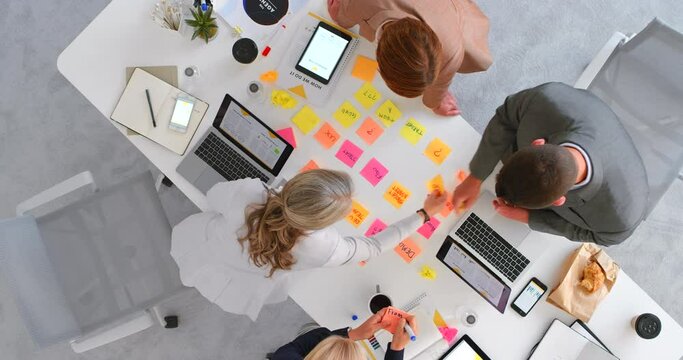 Top view, sticky notes and team planning, brainstorming for marketing strategy or discussion for business sales growth. Post it, teamwork and research for group project, conversation or collaboration