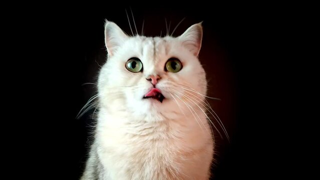 A white cat with charming green eyes, sitting licking her lips, on an isolated black background