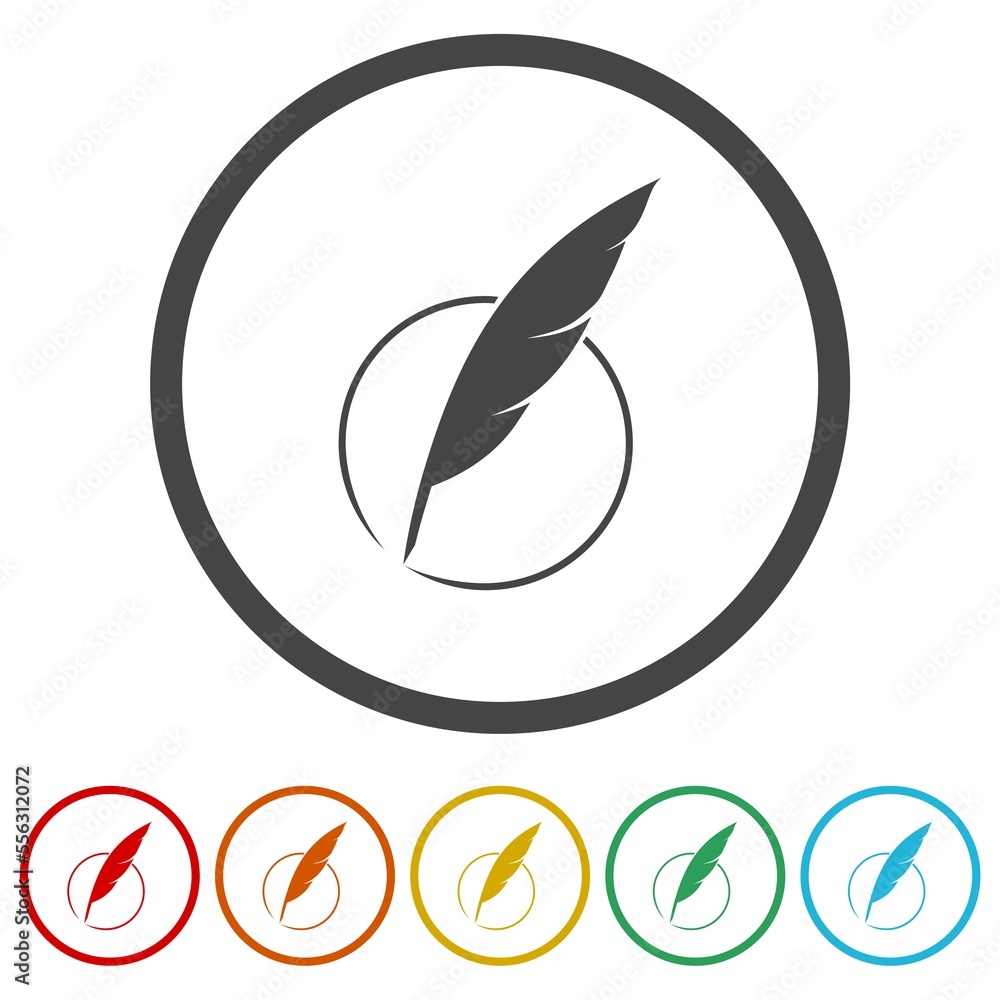 Poster feather pen logo. set icons in color circle buttons