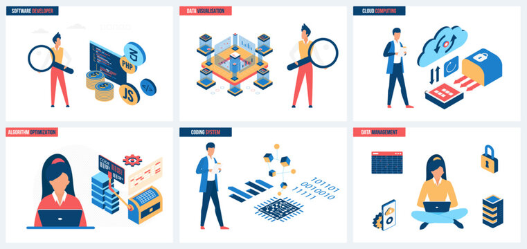 Data visualization and cloud computing, management and optimization of algorithms, coding systems set vector illustration. Cartoon tiny software developer studying code with magnifying glass