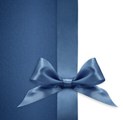 Blue bright ribbon bow isolated on glitter background, top view, copy space for gift greeting card,...
