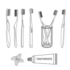 Stock vector toothbrush set and toothpaste outline black and white illustration on white background