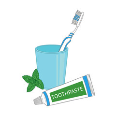 Stock vector toothpaste with mint and toothbrush hand drawn flat illustration