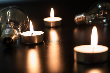 Electric lamp and candle on a dark background. Incandescent lamp and candle. No or power outage....