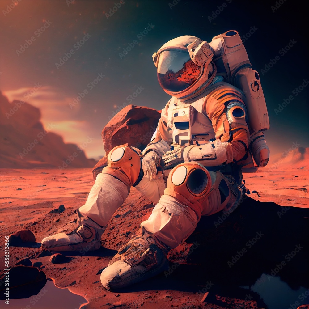 Wall mural an astronaut on an alien planet. a high-tech astronaut from the future. the concept of space travel.