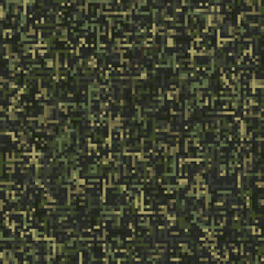 Seamless green camouflage pattern with PIXEL retro effect. Small mixed particles. Dense abstract background. Army or hunting masking texture for apparel, fabric, textile, sport goods.