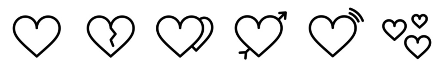 Conjunto de iconos de corazones. Corazón, roto, cupido. Concepto de amor, romance. Ilustración vectorial