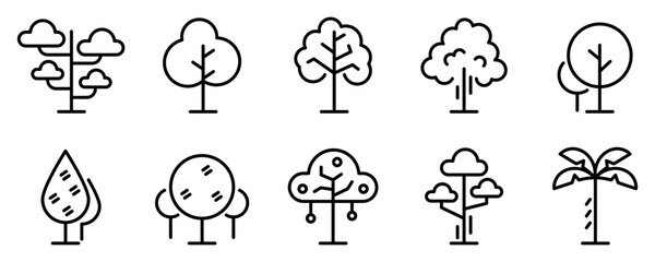 Conjunto de iconos de árboles. Naturaleza, bosque. Árboles de diferentes estilos. Ilustración vectorial - obrazy, fototapety, plakaty