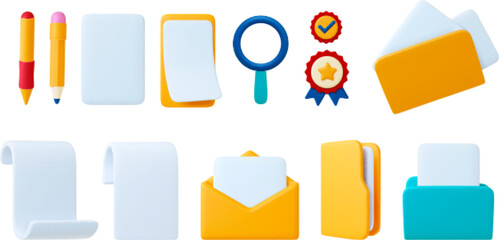 Office 3d icons, plastiline design. Isolated email, data folders and empty receipt or bill templates. Yellow mail letters, winner rozette. Vector social media, business set