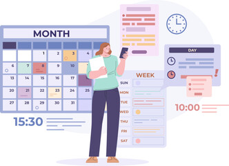 Woman monthly schedule. Businesswoman and calender, plans on month and week. Weekly to do list, meetings or kicky project planning vector concept
