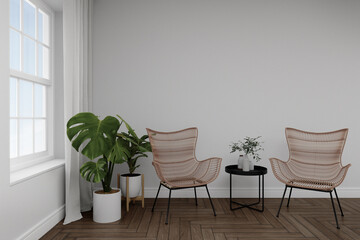 Empty white wall with rattan chair and window on wooden floor. 3d rendering of interior living room.