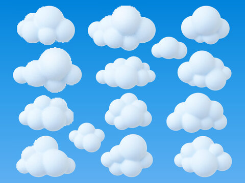Clouds 3d design, abstract soft cloud simple design. Sky cartoon elements, weather bubbles icons. Data symbols, trendy white realistic pithy vector set