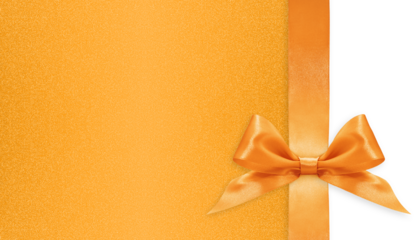 Orange bright ribbon bow isolated on glitter background, top view, copy space for gift greeting card, Merry Christmas and happy Easter or mother and father day banner or valentine present