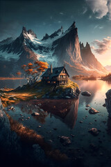 mountain, lake and house