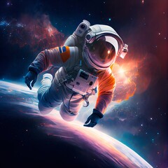 Astronaut flying in zero gravity. High-tech astronaut from the future. The concept of space travel. Generative AI Art - 556314870