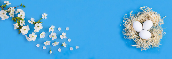 Holiday background. White easter eggs in a nest of straw and flowering tree branch on the blue background. Copy space.