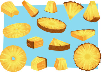 Pineapples. Sliced cartoon natural fruits tropical pineapple pieces collection juicy annanas exact vector templates