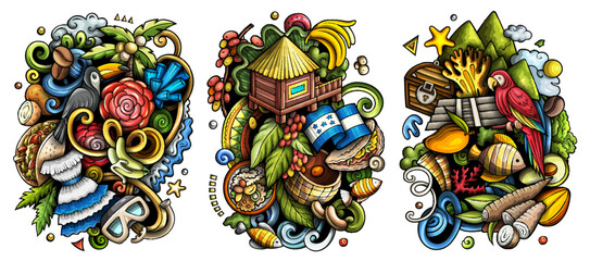 Honduras cartoon vector doodle designs set.