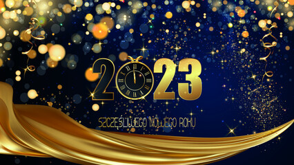 karta lub baner, aby życzyć szczęśliwego nowego roku 2023 w czerni i złocie na niebieskim tle z kółkami, gwiazdami z efektem bokeh, cekinami złotą zasłoną 0 zastępuje zegar
