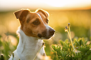 Small Jack Russell terrier sitting on autumn low grass, looking to side, nice blurred back light...