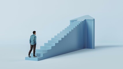 A man goes up the stairs with an arrow, growth of business concept, the path to success, 3d render
