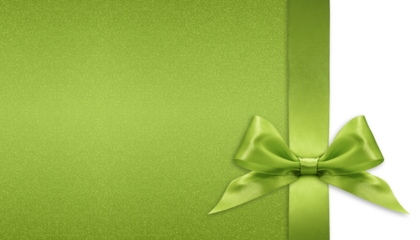 Green bright ribbon bow isolated on glitter background, top view copy space for gift greeting card, Merry Christmas, St Patrick or father day banner or valentine present