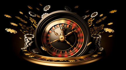 Casino roulette in black and gold style. Roulette Wheel, Casino Chips And Coins, Modern Black And Golden Isolated On The Black Background. Casino Gambling Concept. Empty Space For Logo Or Text	