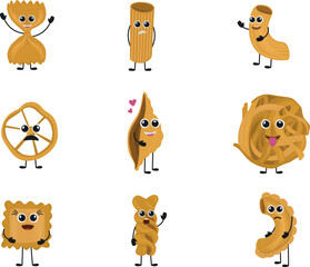 Cute character pasta, funny for menus, banners. Doodle pasta characters. Cute Italian wheat food. Cartoon macaroni mascots with hands legs and kawaii faces. Traditional fusilli or spaghetti. Menu
