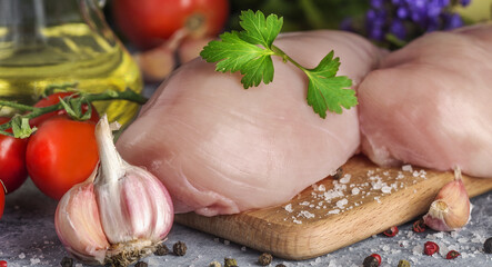 fresh chicken fillet with vegetables on a cutting board