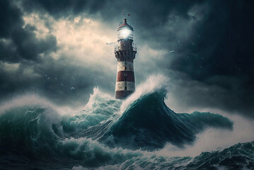 Lighthouse in the storm - Generative AI - 556318847